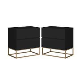 Kit 2 Mesa de Cabeceira Estilo Industrial 2 Gavetas Eros 45 Base Dourado Cor:Preto