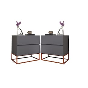 2 Mesas De Cabeceira Eros 45cm Puxadores Cava Cinza Com Pés De Metal Cobre