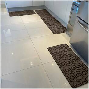 Kit Jogo De Cozinha Carpete Geométrico Elegante 3 Peças Titulo Marrom