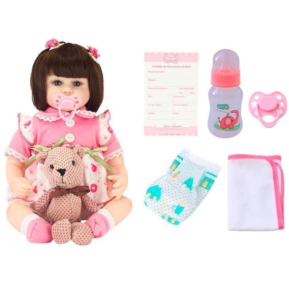 Boneca Bebê Reborn Morena Vestido De Bolinhas E Acessórios