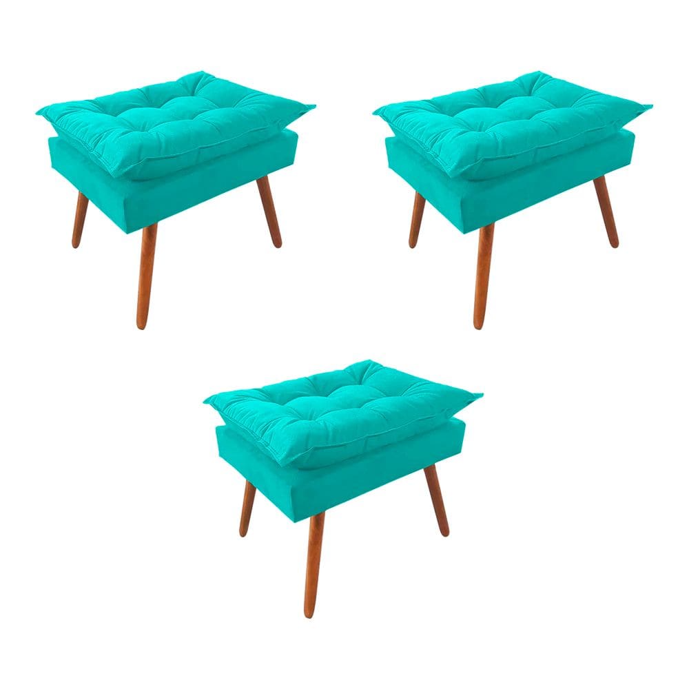 Kit 3 Puff Opala Premium Almofadada para Decoracao Sala de Estar Veludo Azul Turquesa