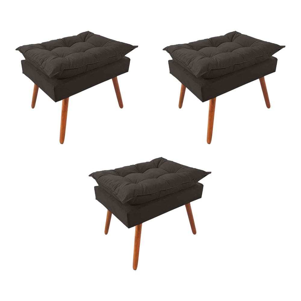Kit 3 Puff Opala Premium Almofadada para Decoracao Sala de Estar Veludo Cinza Grafite