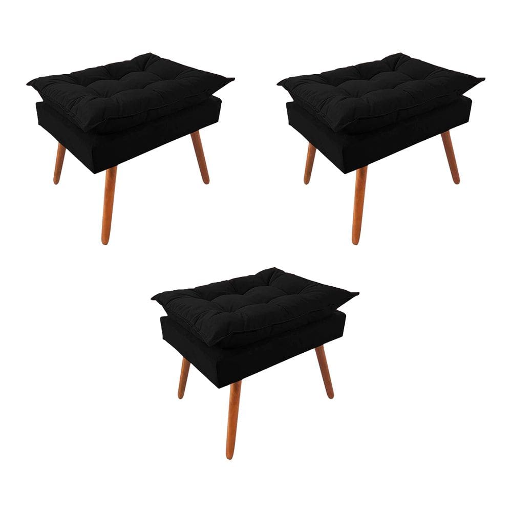 Kit 3 Puff Opala Premium Almofadada para Decoracao Sala de Estar Veludo Preto