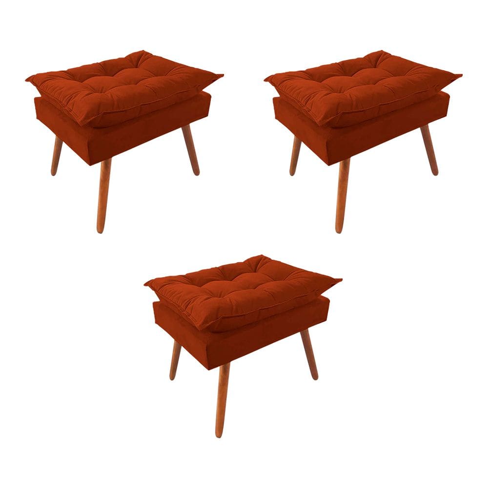 Kit 3 Puff Opala Premium Almofadada para Decoracao Sala de Estar Veludo Laranja Terracota
