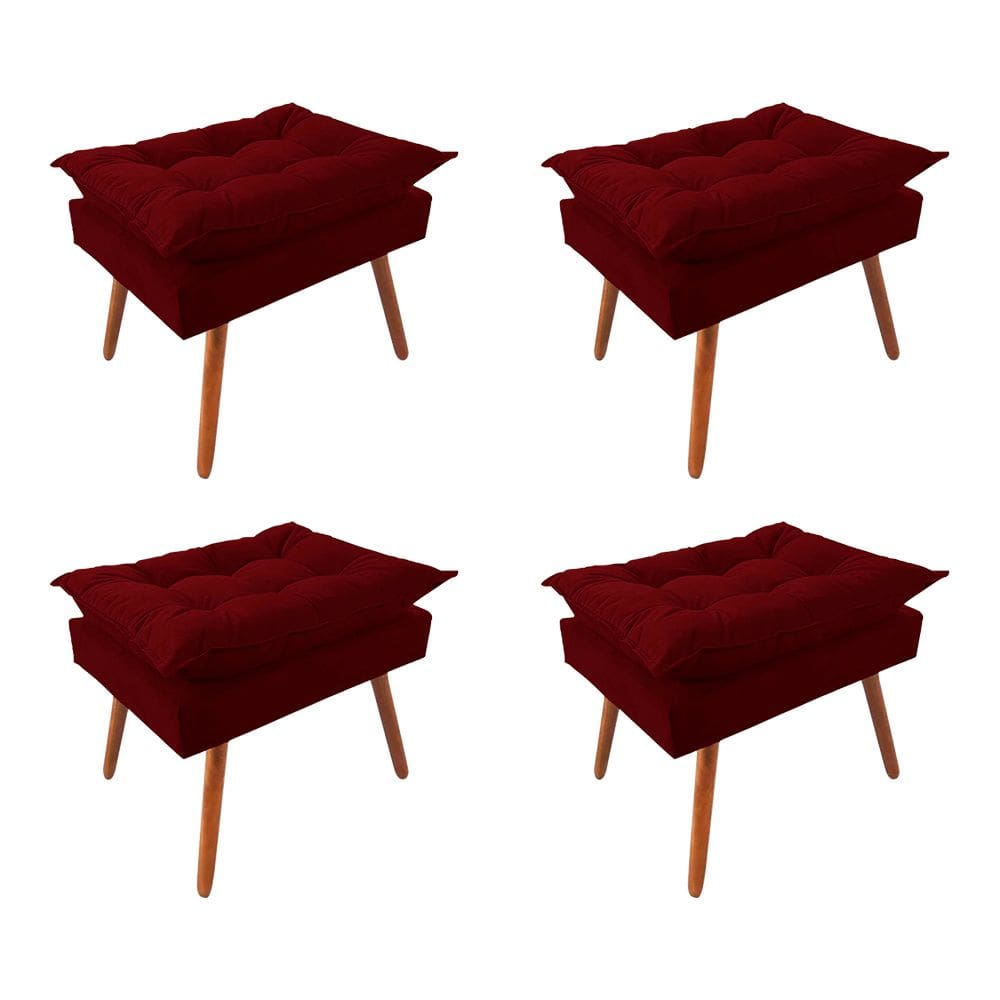 Kit 4 Puff Opala Premium Almofadada para Decoração Sala de Estar - Veludo Vermelho Marsala