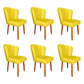 Kit 6 Cadeiras Estofada Petala Pes Palito Veludo Amarelo