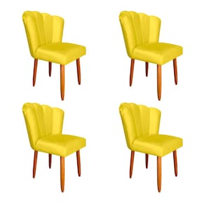 Kit 4 Cadeiras Estofada Petala Pes Palito Veludo Amarelo