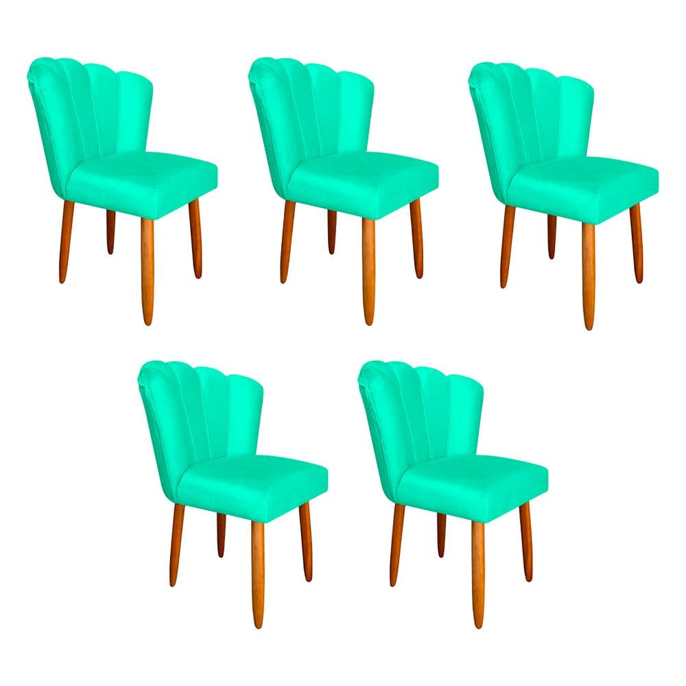 Kit 5 Cadeiras Estofada Premium Pétala Pés Palito - Veludo Azul Turquesa