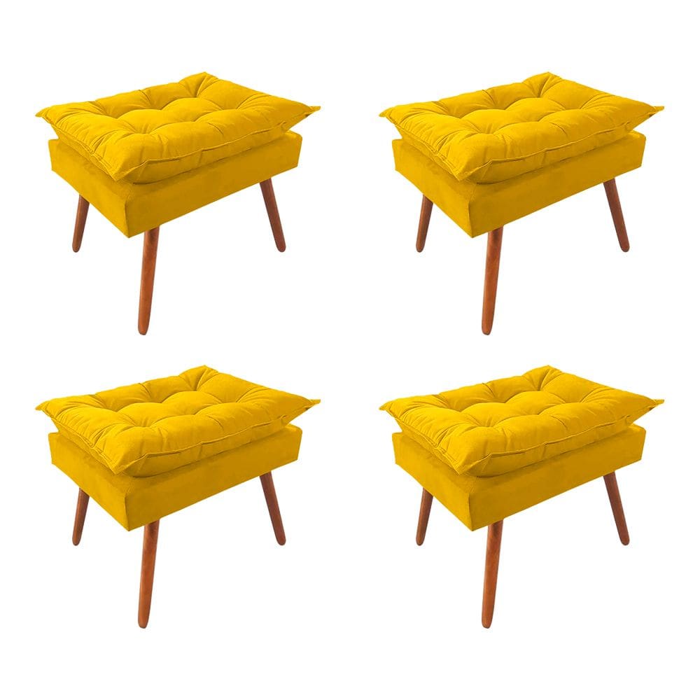 Kit 4 Puff Opala Premium Almofadada para Decoração Sala de Estar - Veludo Amarelo