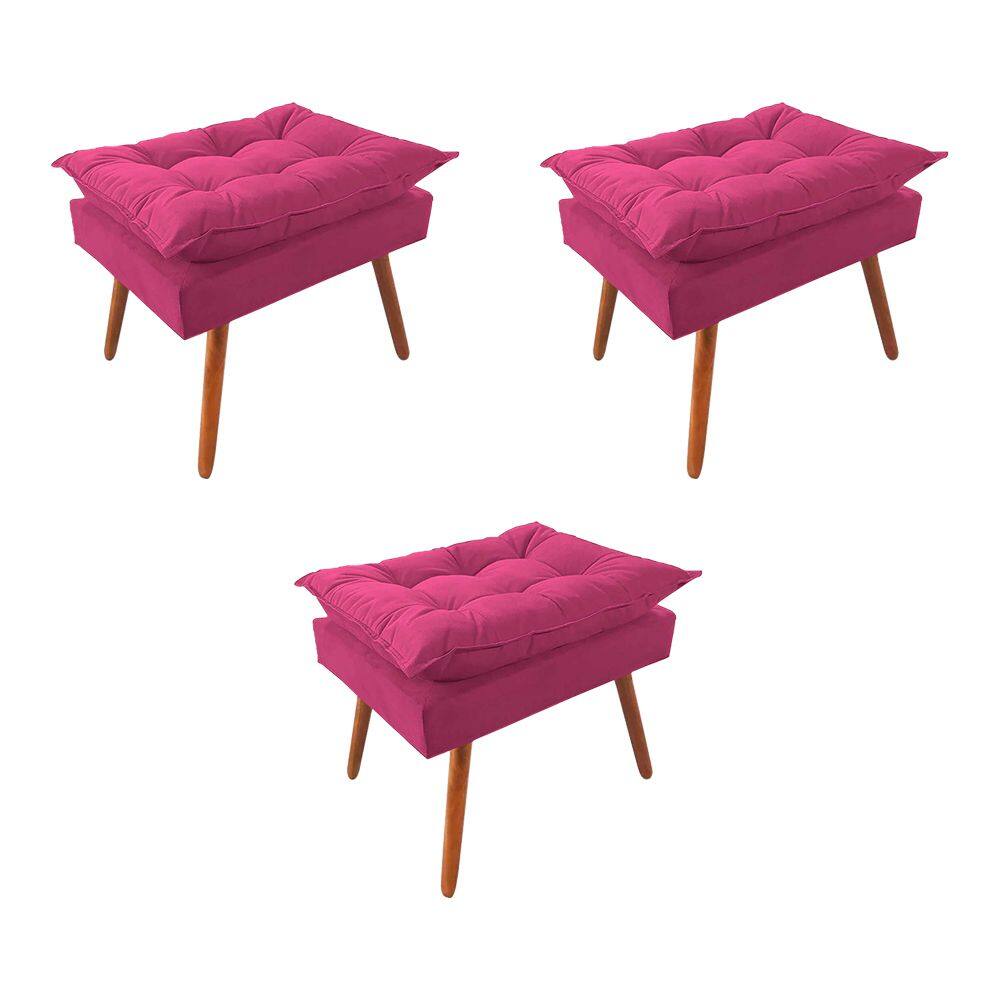 Kit 3 Puff Opala Premium Almofadada para Decoracao Sala de Estar Veludo Rosa