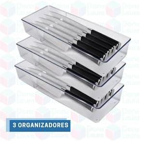 Organizador Gaveta Facas com 5 Divisórias Acrílico Kit 3 un