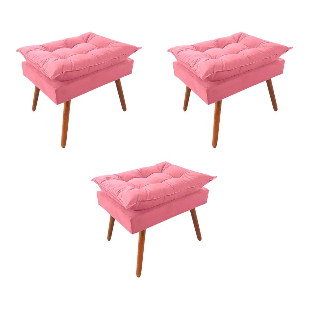 Kit 3 Puff Opala Premium Almofadada para Decoracao Sala de Estar Veludo Rose