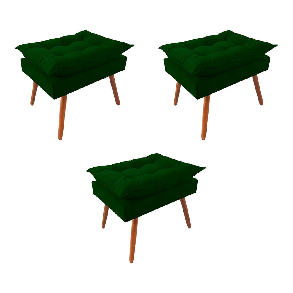 Kit 3 Puff Opala Premium Almofadada para Decoracao Sala de Estar Veludo Verde