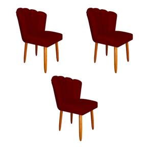 Kit 3 Cadeiras Estofada Premium Pétala Pés Palito - Veludo Vermelho Marsala