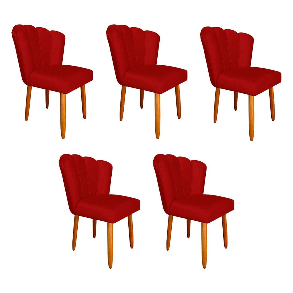 Kit 5 Cadeiras Estofada Premium Pétala Pés Palito - Veludo Vermelho