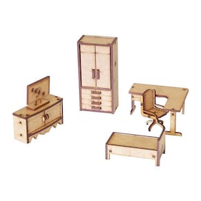 Kit Miniatura Quarto Solteiro 6 Peças Escritório Cama Mdf