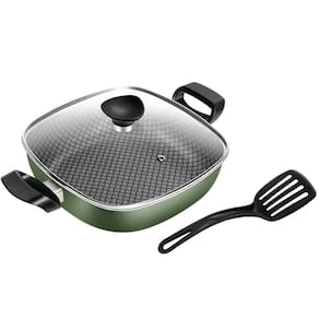 Frigideira Quadrada Antiaderente 2 Alças Nº 23 Verde Masterflon Com Tampa Vidro Patolux