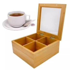 Porta Organizador de Chá em Bambu 20cm com 4 Divisórias e Tampa de Vidro Clink