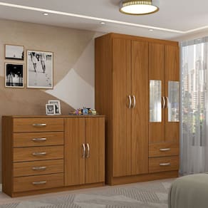 Guarda-Roupa Solteiro Mason 4 Portas 2 Gavetas e Espelho com Cômoda 2 Portas 5 Gavetas Cinamomo - Panorama Móveis