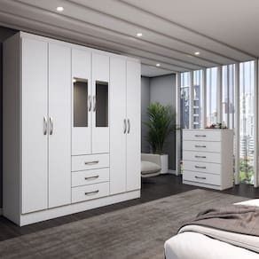 Guarda-Roupa Casal Emma 6 Portas 3 Gavetas e Espelho com Cômoda 5 Gavetas Branco - Panorama Móveis