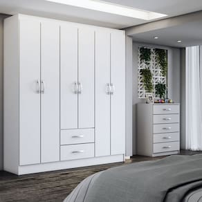 Guarda-Roupa Casal Caleb 6 Portas 2 Gavetas com Cômoda 5 Gavetas Branco - Panorama Móveis
