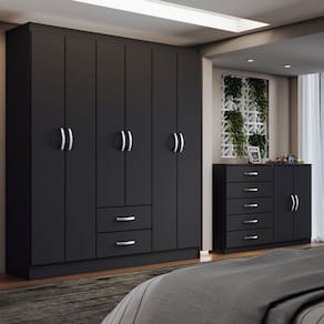 Guarda-Roupa Casal Helena 6 Portas 2 Gavetas com Cômoda 2 Portas 5 Gavetas Preto - Panorama Móveis