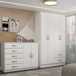 Guarda-Roupa Bella 4 Portas 2 Gavetas com Cômoda 2 Portas 5 Gavetas Branco - Panorama Móveis