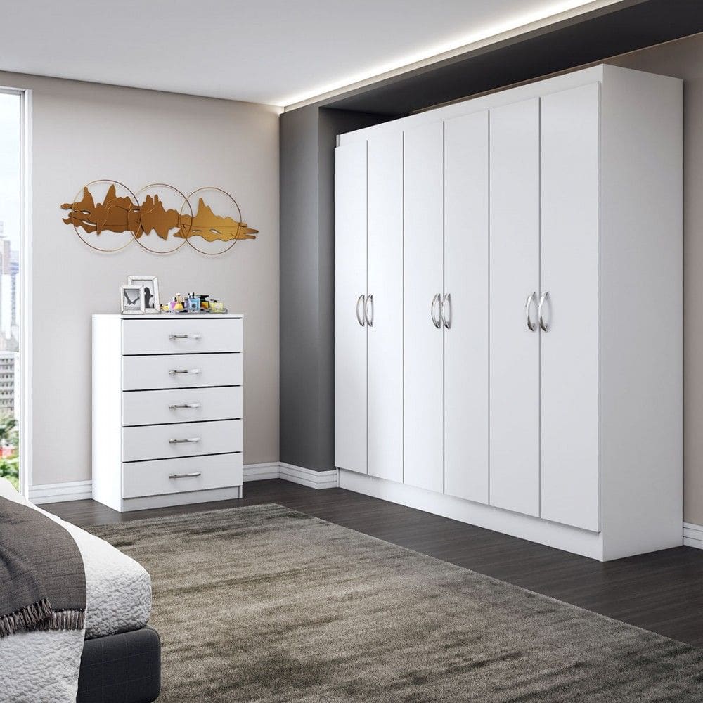 Guarda-Roupa Casal AMarromia 6 Portas 2 Gavetas com Cômoda 5 Gavetas Branco - Panorama Móveis