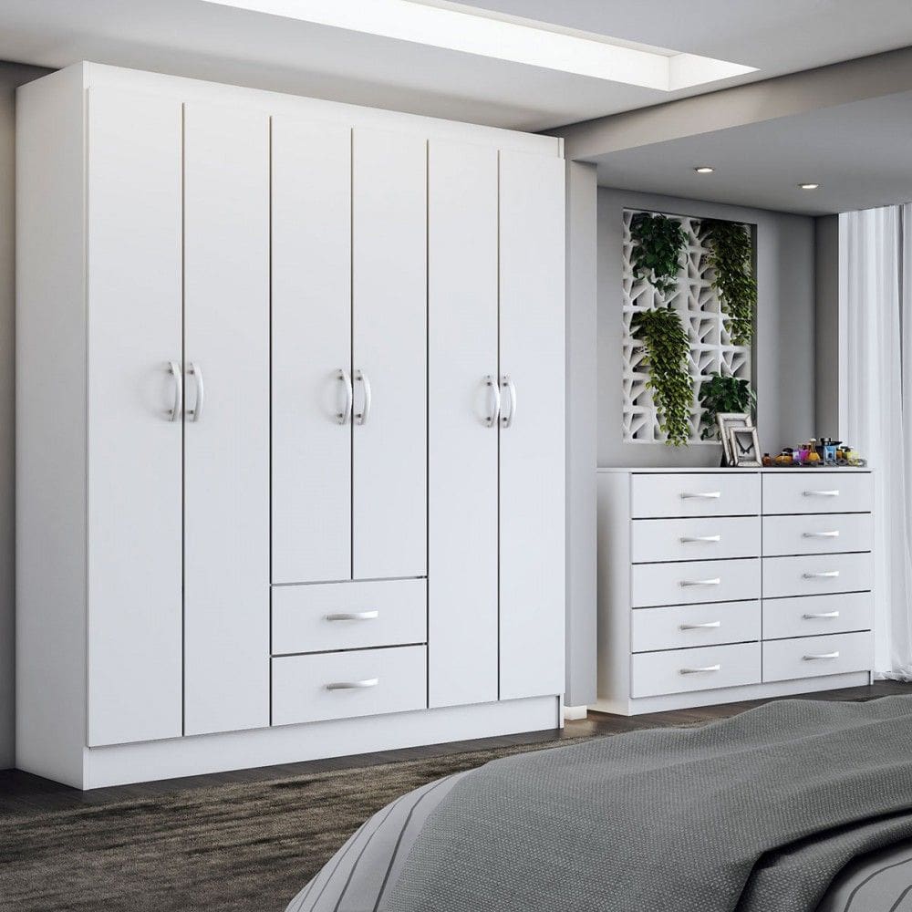 Guarda-Roupa Casal Maya 6 Portas 2 Gavetas com Cômoda 10 Gavetas Branco - Panorama Móveis