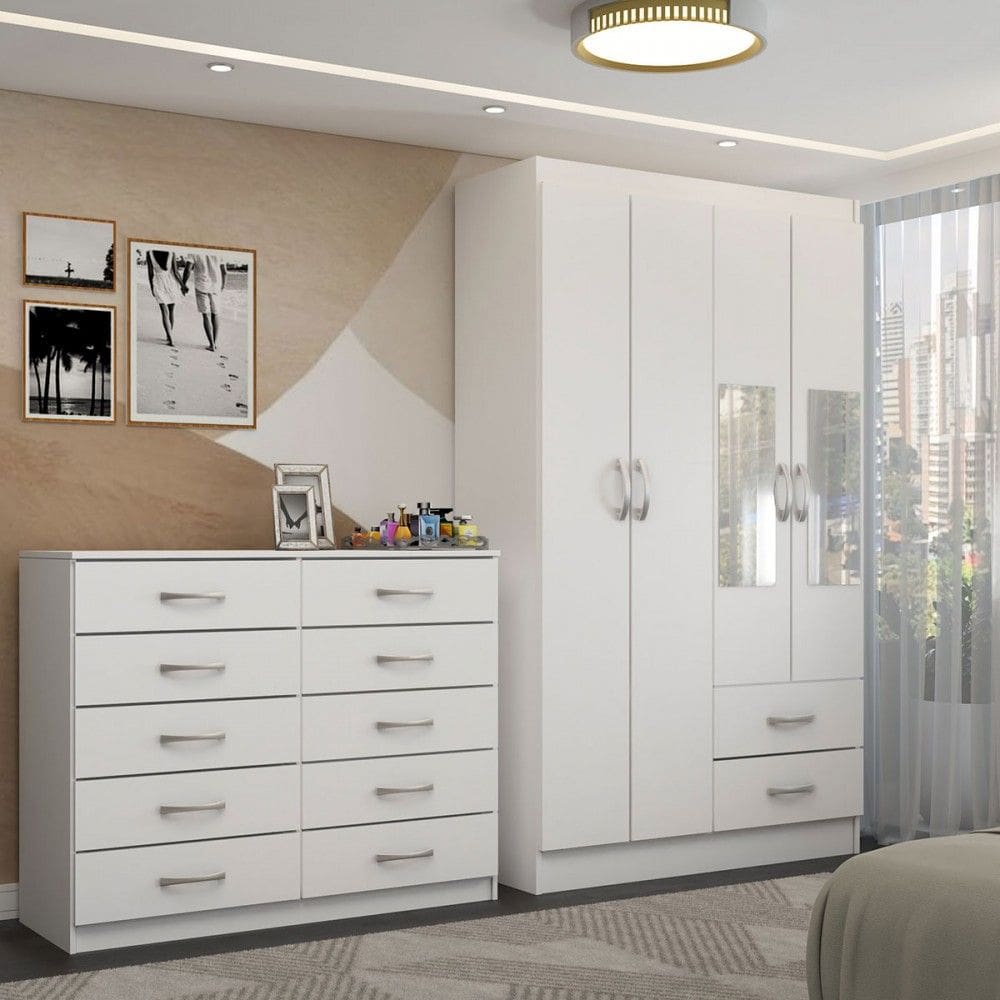 Guarda-Roupa Solteiro Hazel 4 Portas 2 Gavetas e Espelho com Cômoda 10 Gavetas Branco - Panorama Móveis