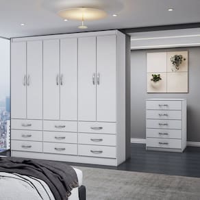 Guarda-Roupa Casal Stella 6 Portas 9 Gavetas com Cômoda 5 Gavetas Branco - Panorama Móveis