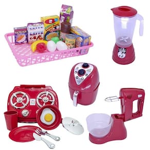 Cozinha Infantil Eletro Menino Vermelho Mercado Fogão 23Pç