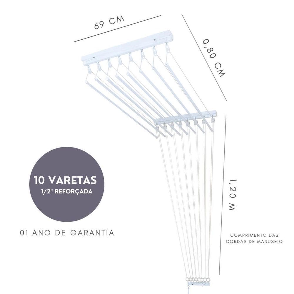 Varal Teto Individual 80Cm X 10 Varetas - Em Alumínio Branco