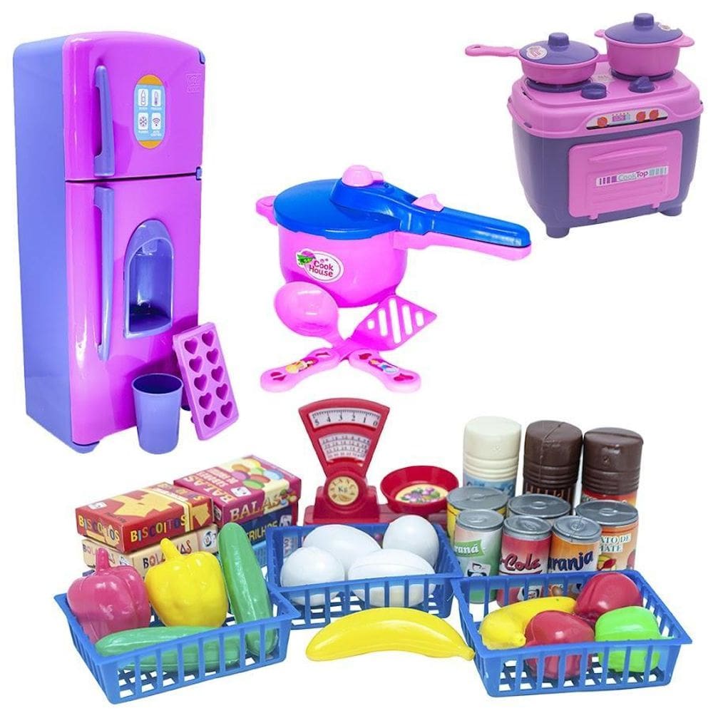 Kit Cozinha Infantil Menina Rosa Mercado Geladeira 42Pç