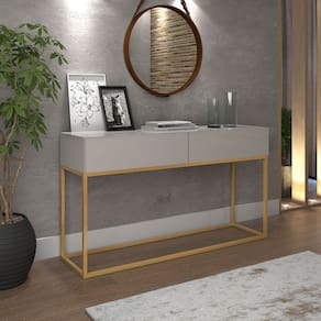 Aparador Buffet 02 Gavetas Industrial Linha Alta Moderno Off White Dourado