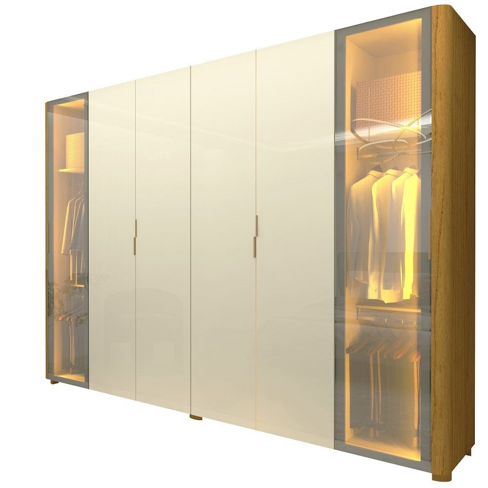 Guarda Roupa de Casal Gelius Innova com 250 cm de Largura 6 portas com 2 portas de vidro reflecta 4 gavetas com pés e LED Naturale OFF White