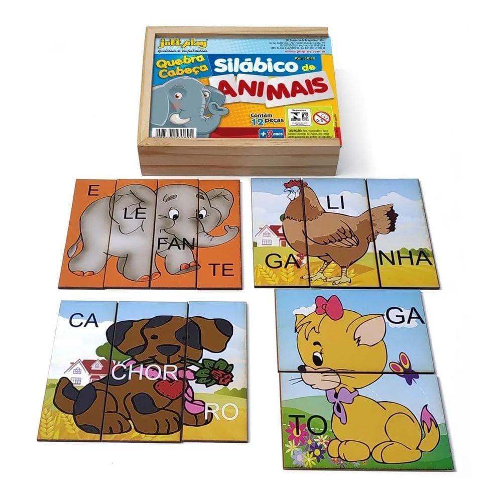 Quebra-Cabeça Silábico De Animais 12 Peças Pedagógico