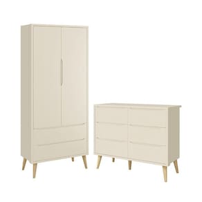 Jogo de Quarto Infantil Theo Guarda Roupa 2 Portas e Cômoda 6 Gavetas com Pés Madeira Natural- Reller Móveis