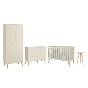 Dormitório Completo Infantil Theo 2 Portas, Cômoda 6 Gavetas, Berço e Mesa de Canto com Pés Madeira Natural- Reller Móveis