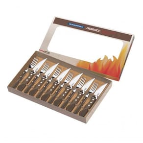 Jogo De Talheres Para Churrasco Jumbo Tramontina Em Aço Inox Com Cabo Castanho Polywood 12 Peças