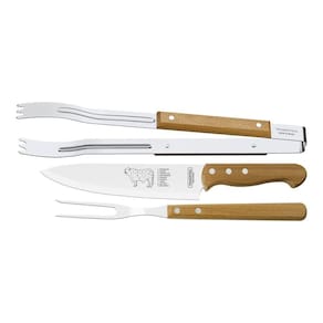 Jogo Para Churrasco Tramontina Com Laminas Em Aço Inox E Cabos De Madeira Natural 3 Peças