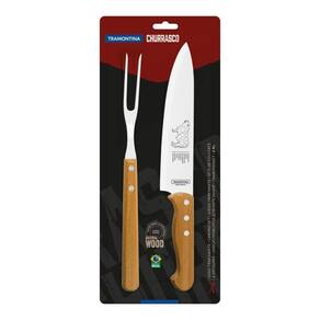 Jogo Trinchante Tramontina Churrasco Com Laminas Em Aço Inox E Cabos De Madeira Natural 2 Peças