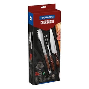 Jogo Para Churrasco Tramontina Em Aço Inox Com Cabo Castanho Polywood 3 Peças