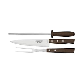 Jogo Para Churrasco Tramontina Em Aço Inox Com Cabo Marrom Madeira E Polipropileno 3 Peças