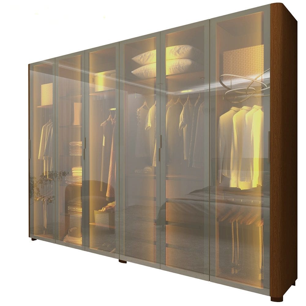 Guarda Roupa de Casal Gelius Innova com 250 cm de Largura 6 portas com 6 portas de vidro reflecta 4 gavetas com pés e LED Castanho