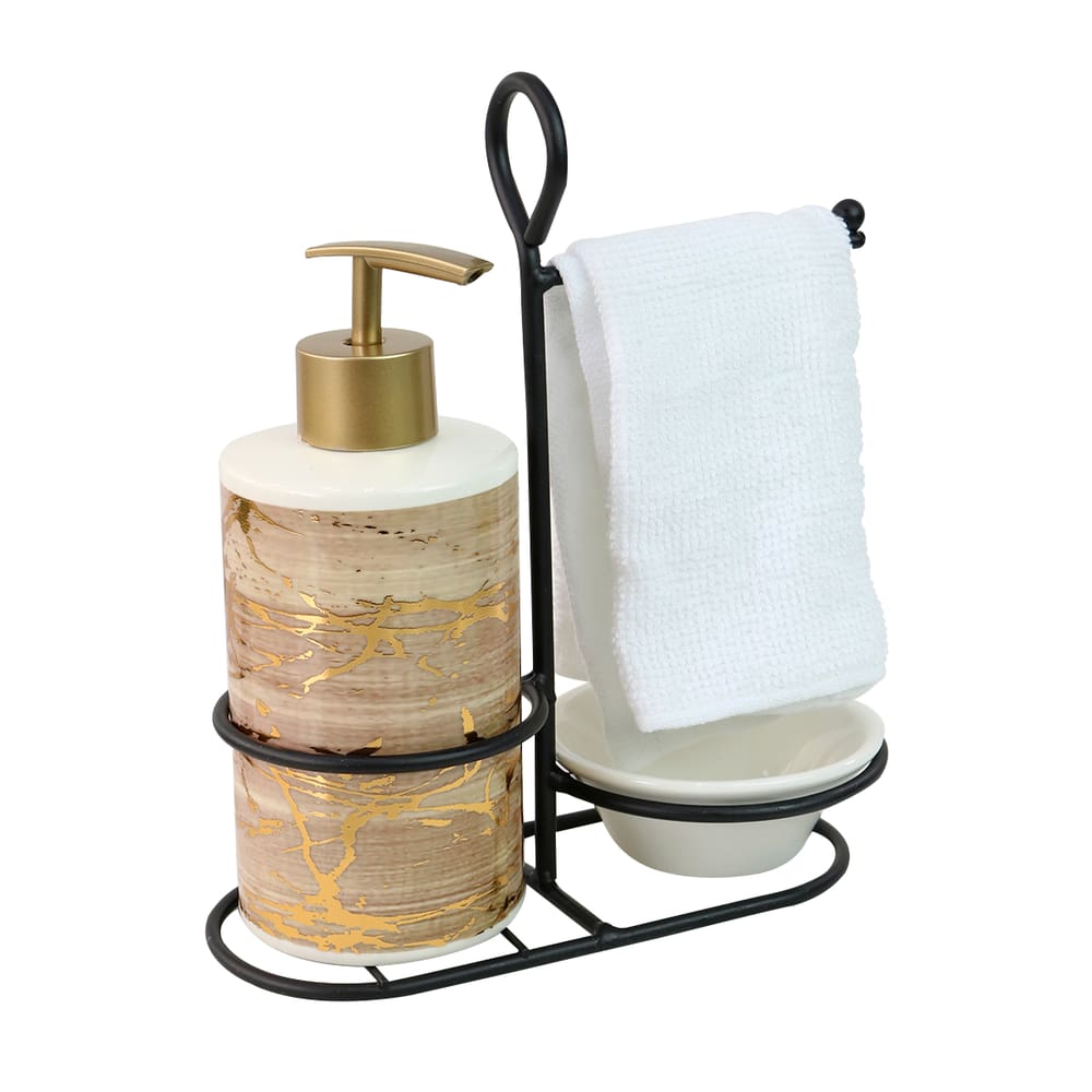 Jogo De Banheiro De Porcelana Com Suporte E Toalhinha 3 Pçs