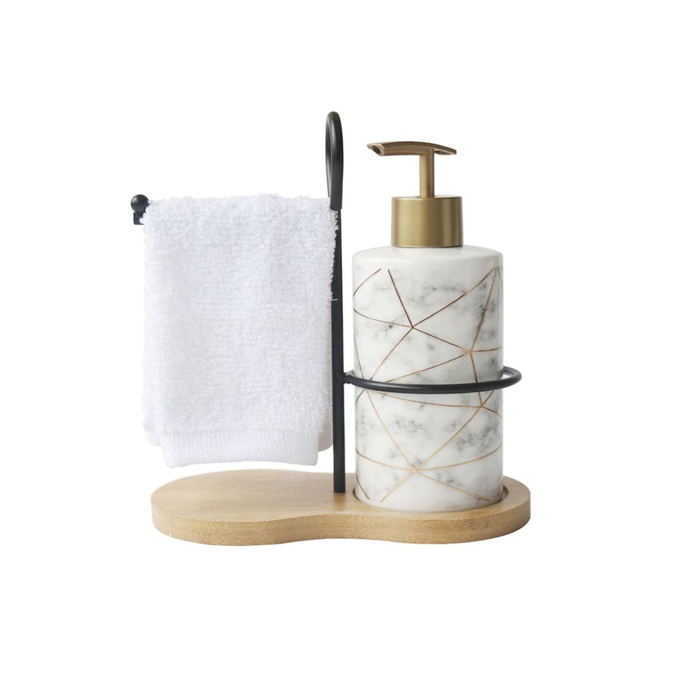 Kit Banheiro De Porcelana Modelo Marmorizada Com Suporte De Toalhinha 3 Peças