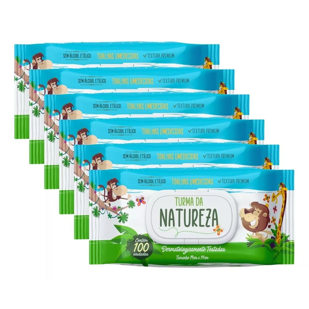 Kit C/6 Lenços Umedecidos Turma Da Natureza C/100 Unidades