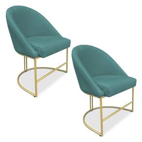 Kit 02 Cadeiras Poltrona de Jantar Bela Suede Azul Turquesa Base Metálica Industrial Dourado - Pallazio