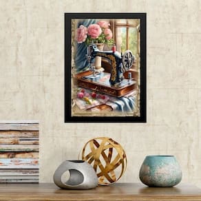 Quadro Máquina Costura Antiga - Flores 24X18Cm - Com Vidro